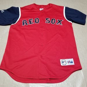 Vintage Boston Red Sox Majestic Jersey Size Large Red USA Short Sleeve Button Up